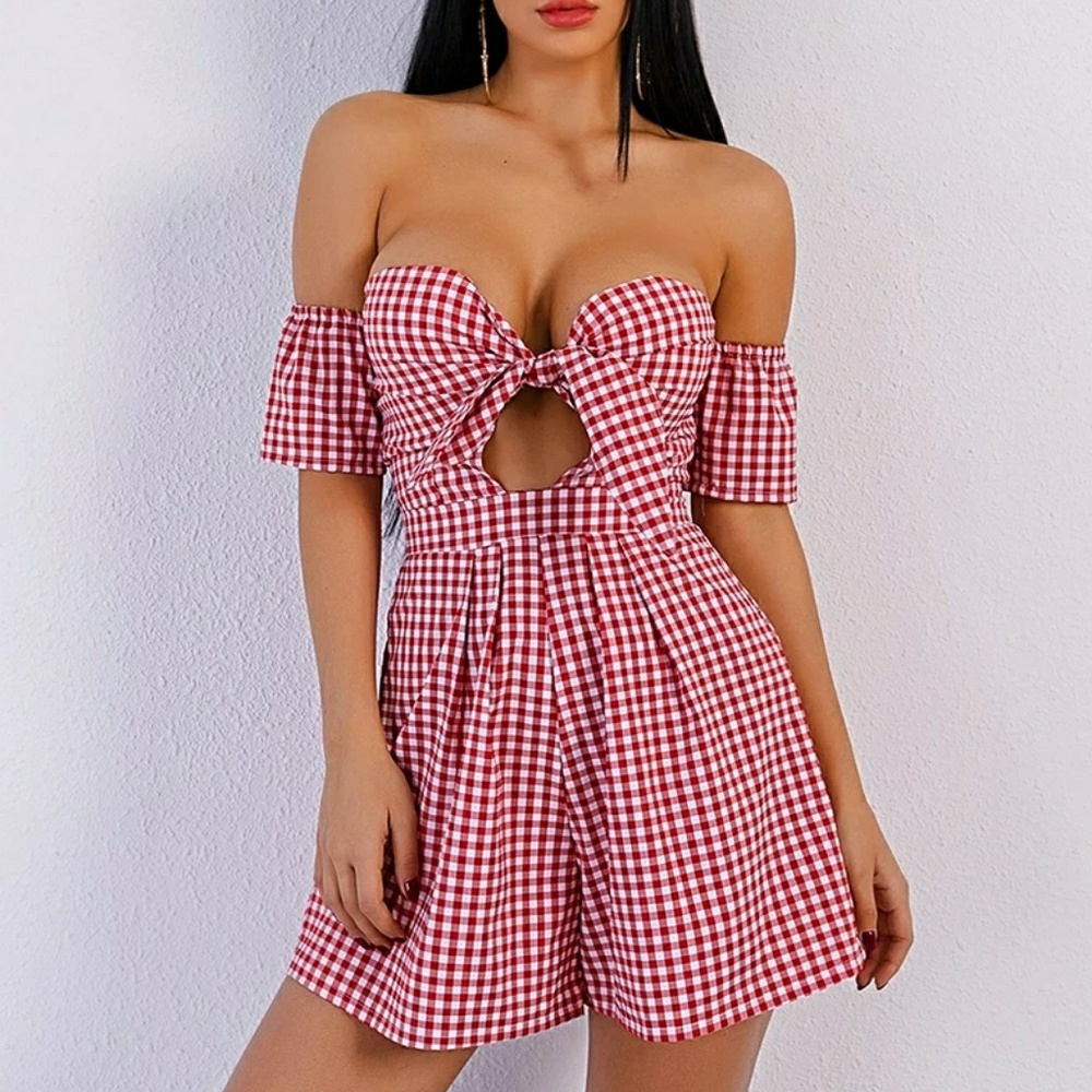 Blow Out• Gingham Print Off Shoulder Romper - Picture 3 of 5